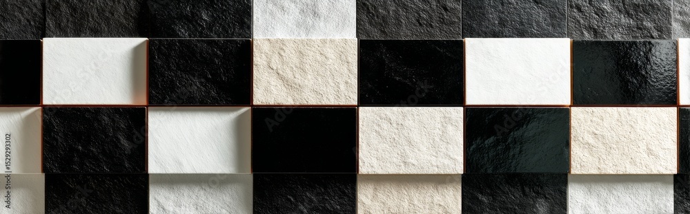 Fototapeta premium Statuario marble checkerboard wall texture with matte and glossy black and white square tiles