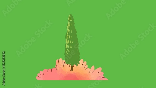 draw scenery of three long tree on mountain on green screen background
