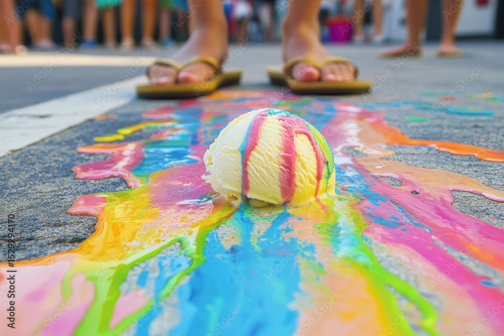 Fototapeta premium Melting ice cream delight on a hot summer day urban street food photography colorful environment close-up viewpoint playful concept