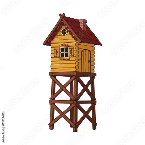 "Rustic Wooden Treehouse Cabin on Stilts with Red Roof"