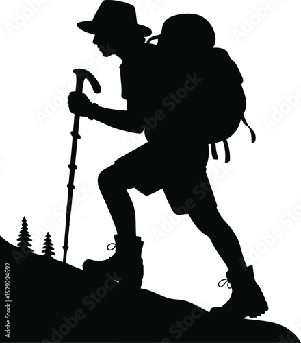 Silhouette of a Hiker with Backpack and Walking Stick, Black Silhouette, Transparent Background.