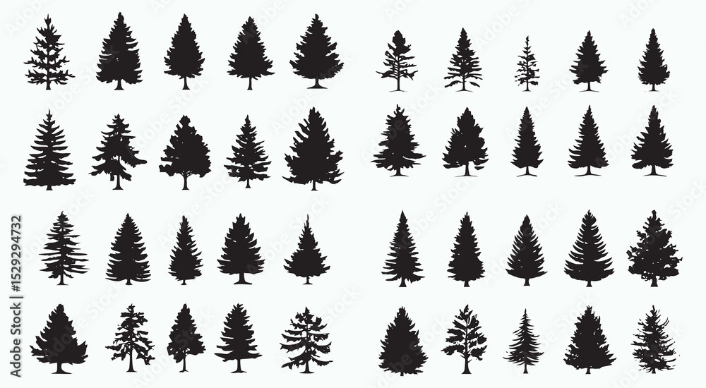 Fototapeta premium Black Silhouettes of Various Christmas Trees on White