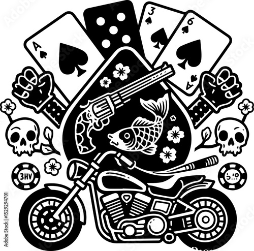 Tattoo Vector Art with Dice, Cards, and Swallow Bird. Classic Motorcycle Tattoo Flash with Casino Theme