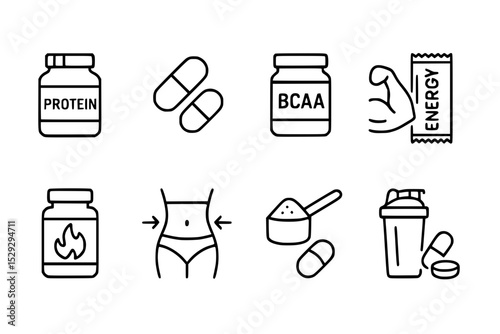 Fitness and Nutrition Supplement Icon Set: Vector Outline Icons for Protein, BCAA, Energy, and Weight Management with Adjustable Line Weight