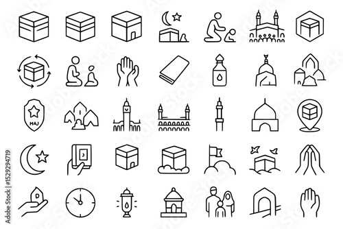 Mecca Kaaba and Islamic Hajj Pilgrimage Icon Set: Vector Outline Icons for Ramadan, Mosque, Prayer, and Muslim Culture with Adjustable Line Weight