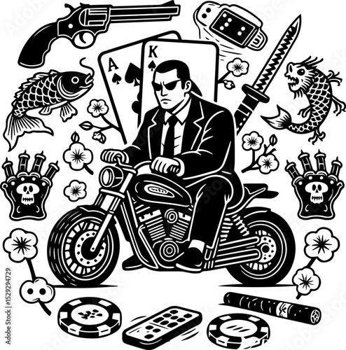 Tattoo Vector Art with Dice, Cards, and Swallow Bird. Classic Motorcycle Tattoo Flash with Casino Theme