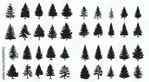 Black Silhouettes of Various Christmas Trees on White