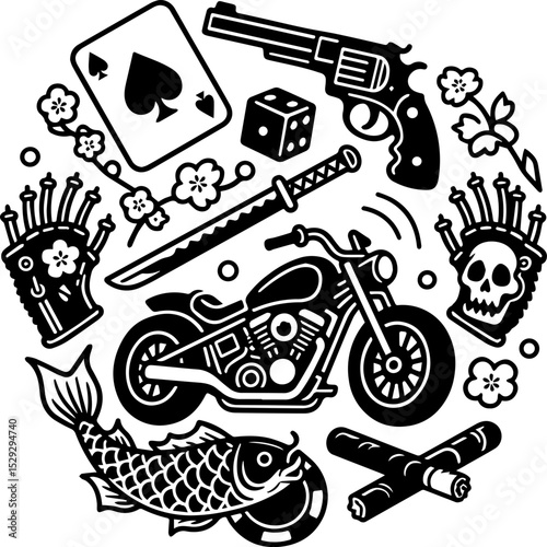 Tattoo Vector Art with Dice, Cards, and Swallow Bird. Classic Motorcycle Tattoo Flash with Casino Theme