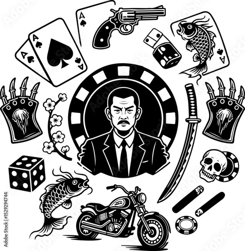 Tattoo Vector Art with Dice, Cards, and Swallow Bird. Classic Motorcycle Tattoo Flash with Casino Theme