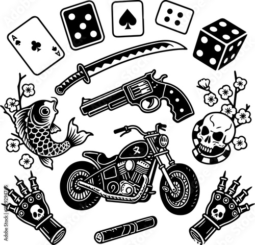Tattoo Vector Art with Dice, Cards, and Swallow Bird. Classic Motorcycle Tattoo Flash with Casino Theme