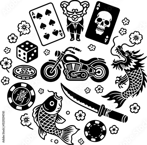 Tattoo Vector Art with Dice, Cards, and Swallow Bird. Classic Motorcycle Tattoo Flash with Casino Theme