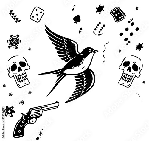 Tattoo Vector Art with Dice, Cards, and Swallow Bird. Classic Motorcycle Tattoo Flash with Casino Theme