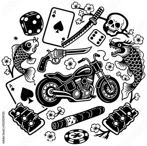 Tattoo Vector Art with Dice, Cards, and Swallow Bird. Classic Motorcycle Tattoo Flash with Casino Theme