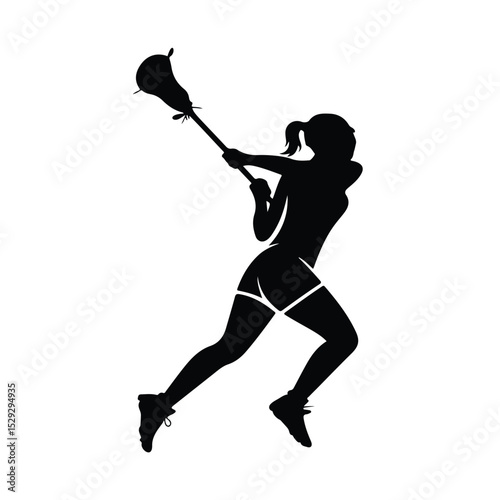 Silhouette of a female lacrosse player in action with stick and ball on a white background