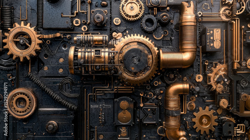 Intricate abstract steampunk background with bronze and gold gears and pipes. concept of industrial design, retro futurism, vintage mechanisms