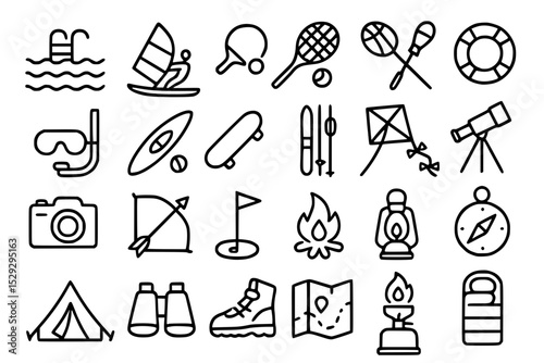 Camping, Outdoor, and Hobbies Icon Set: Vector Outline Icons for Adventure, Sports, and Leisure Activities with Adjustable Line Weight