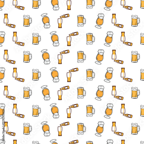 Cheerful Beer Mug and Bottle Pattern for International Beer Day Celebration