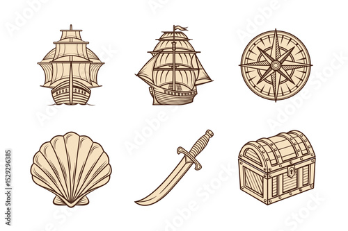 Vintage wooden nautical icons and birdcage illustration set