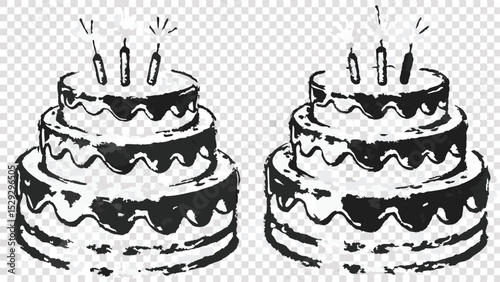 Two three tiered cakes with candles and dripping icing in a sketch style illustration on transparent background