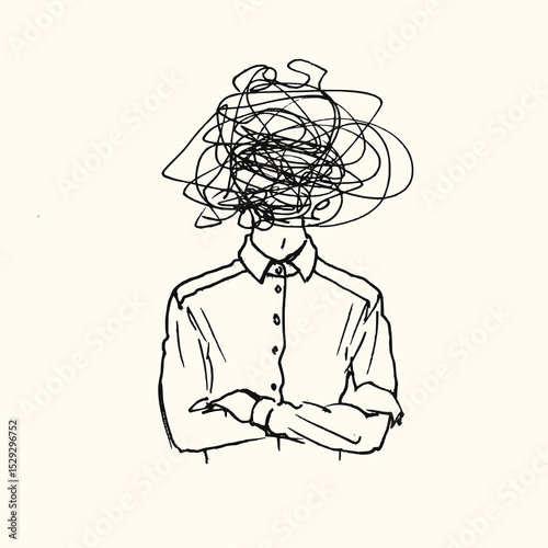 Minimilist person with crossed arms and a button down shirt with scribbles covering their head in black and white style vector