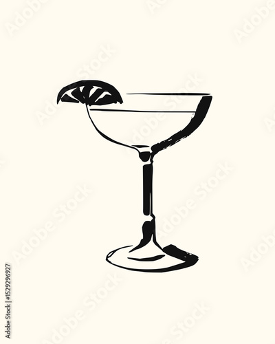 Minimilist illustration of a cocktail glass with a slice of lime in black ink on a white background design style vector