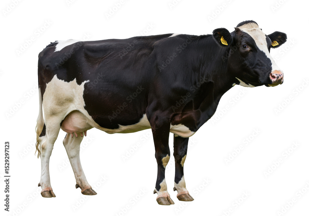 A black and white dairy cow stands in a green pasture under a clear blue sky A black and white dairy cow stands in a green pasture under a clear blue sky