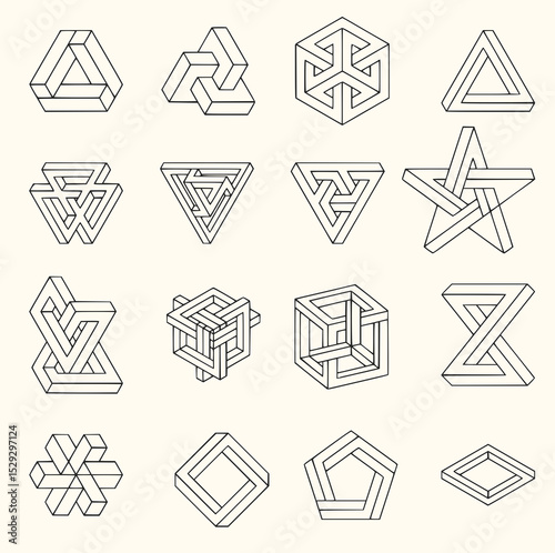 Minimilist a collection of impossible geometric shapes rendered with black lines on a light beige background color scheme vector