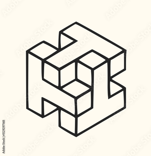 Minimilist isometric drawing of an impossible cube structure with t shapes and black outlines on a light background vector