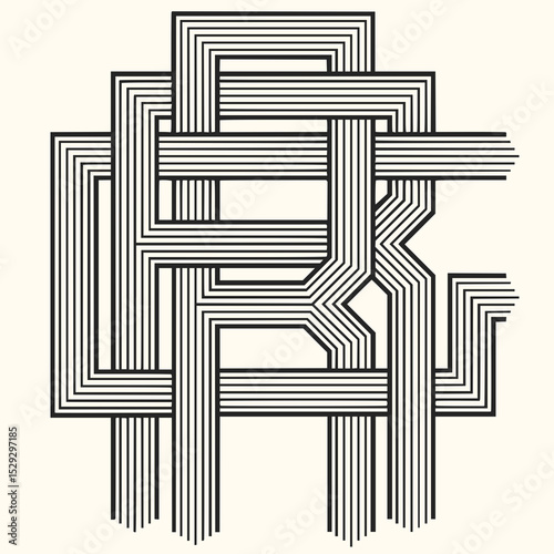 Minimilist abstract interwoven lines forming geometric shapes and letters on a light background creating a complex design vector
