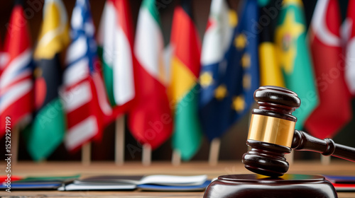 Close-up of Judge's Gavel Descending, Symbolizing the Inception of an International Mediation Institute, Amidst a Panorama of Diverse National Flags and a Fuzzy Court Spectator Crowd
