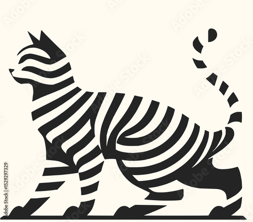 Minimilist stylized cat with black and white stripes standing with tail curled and ears perked on a light background vector