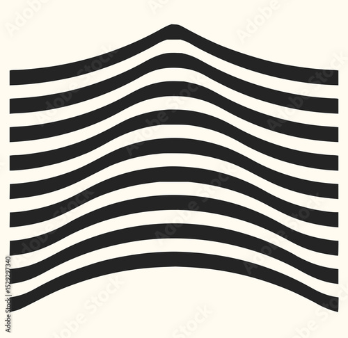 Minimilist abstract illustration of multiple horizontal black and white wavy lines with a peak at the top center vector