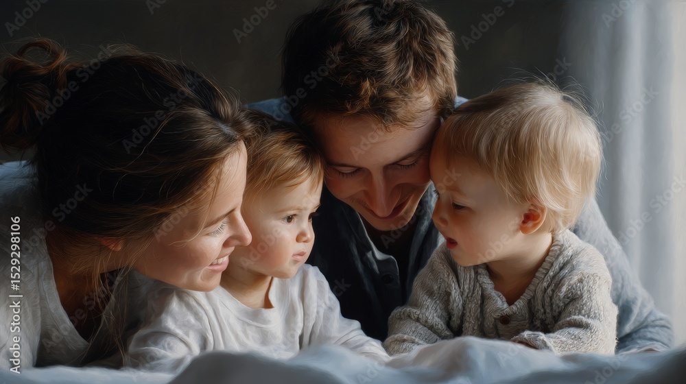 Family of four, parents and two young children, are joyfully interacting on a cozy bed, surrounded by soft blankets, capturing a moment of love and connection in a warm atmosphere Family of four, parents and two young children, are joyfully interacting on a cozy bed, surrounded by soft blankets, capturing a moment of love and connection in a warm atmosphere