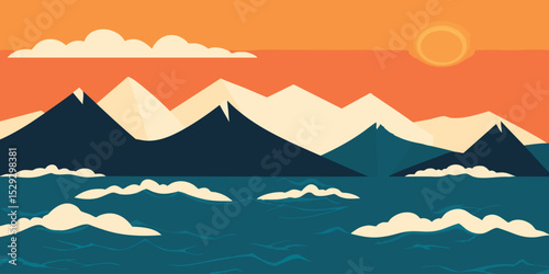 Mountain landscape with a sunrise over a body of water