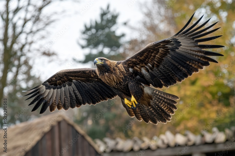 Obraz premium Golden eagle flying with fully open wings on blurry foliage background. Perfect for illustrating freedom, power, and the beauty of wild animals.