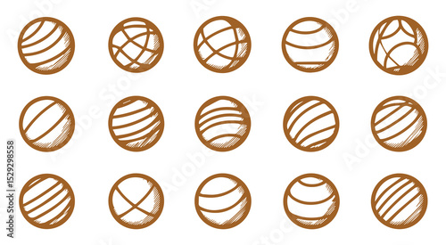 Brown Hand Drawn Balls Various Line Patterns Sketch Set