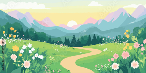 Colorful, idyllic landscape painting. Gentle hills covered in vibrant wildflowers, a winding path leads through a lush forest, with pastel mountains in the background at sunrise