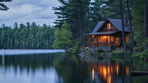 Cozy log cabin by a serene lake at twilight.