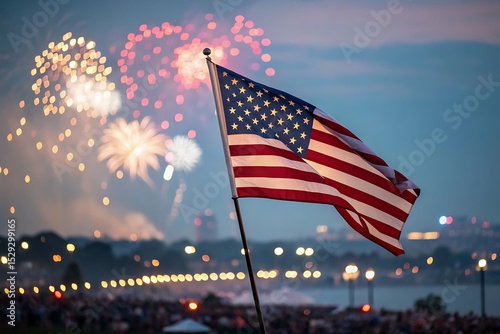 American flag waves in the wind during fireworks display in evening scene as a symbol of independence