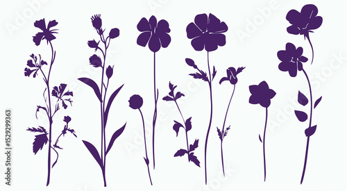 Dark Purple Floral Silhouettes Botanical Set Vector Graphics