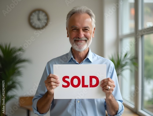Middle aged man real estate agent holding 'Sold' sign indicating successful sale