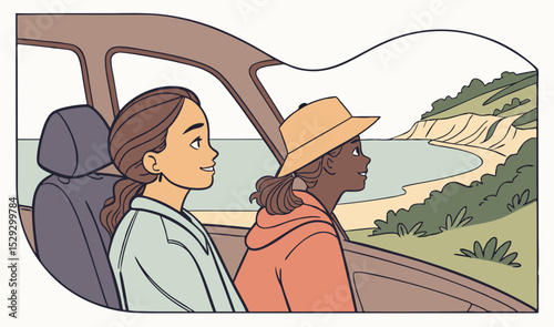 Girls travel by car along sea coast. Road trip, vacation adventure with nature landscape view from window, windshield, inside. Friends in journey. Flat vector illustration isolated on white background
