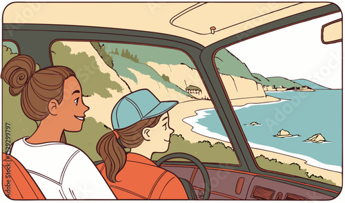 Girls travel by car along sea coast. Road trip, vacation adventure with nature landscape view from window, windshield, inside. Friends in journey. Flat vector illustration isolated on white background