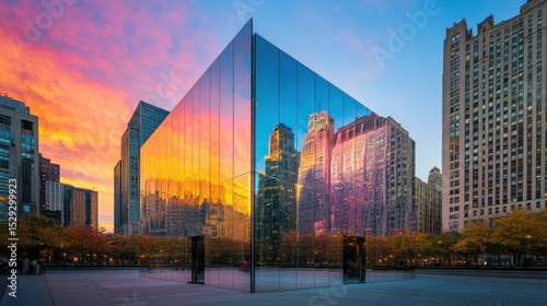 Modern architectural marvel reflecting a vibrant city sunset.
