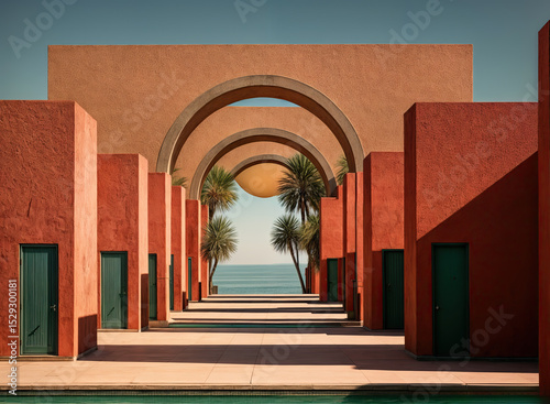 A sun-drenched walkway lined with terracotta-hued structures, leading to a tranquil ocean vista.