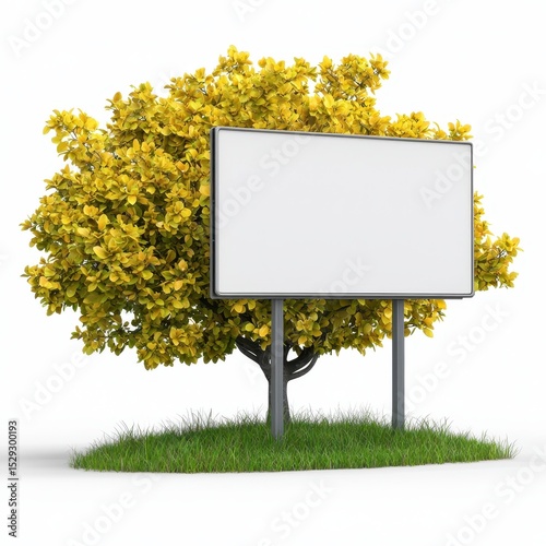 Blank Billboard Sign Beside a Small Tree with Yellow Leaves on White Background