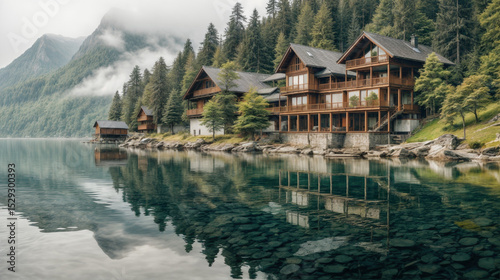 Misty mountains, a crystal-clear lake, and rustic wooden homes create a serene atmosphere.