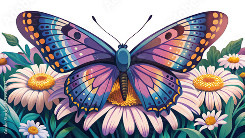Vector illustration of a butterfly delicately resting on a blooming flower under warm summer light perfect for seasonal, floral, and nature-themed designs