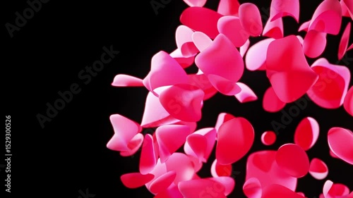 Seamless 4K animation featuring glossy pink petal-like shapes gently floating in space. Smooth organic motion and soft lighting create an abstract floral atmosphere. Ideal for VJ loops, wellness