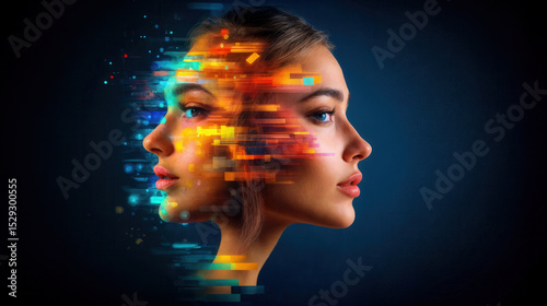 The image depicts a woman's profile, her face subtly transformed by a dynamic overlay of colorful, digital lines, suggesting a fusion of human and technological identities.
